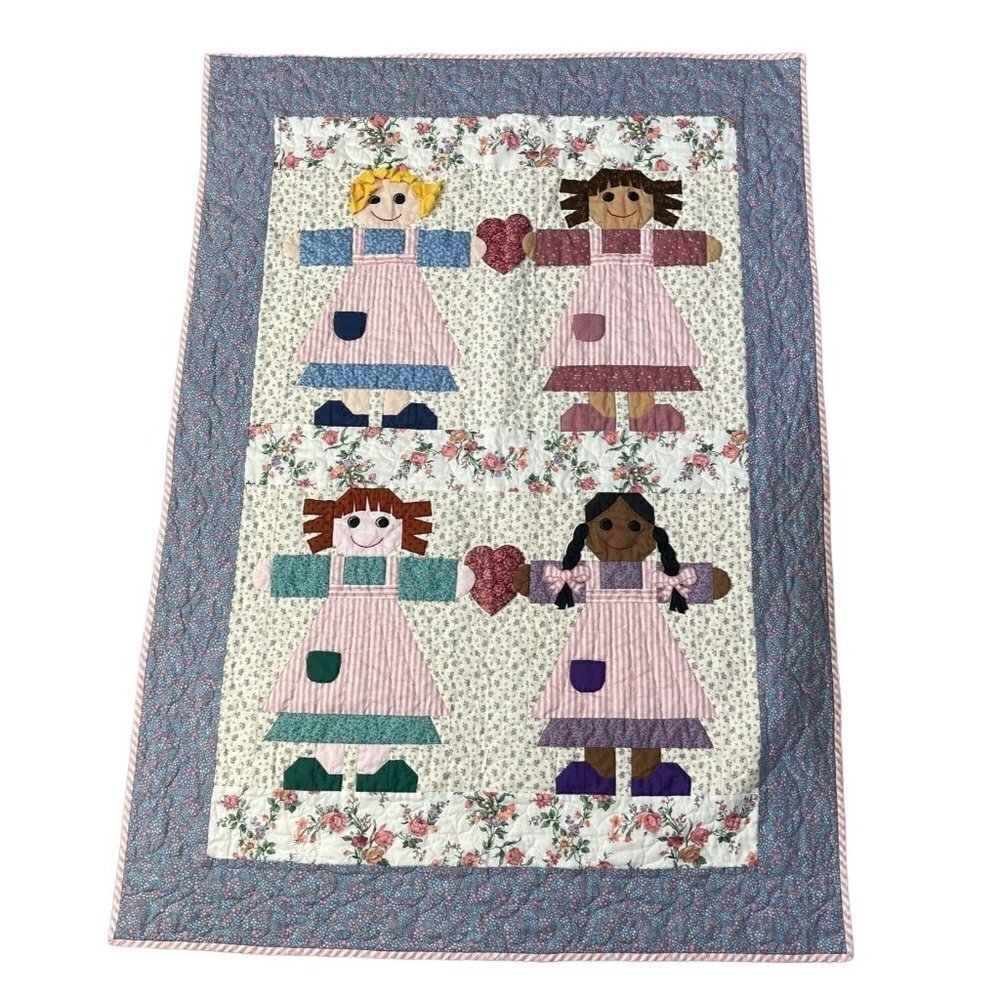 Small Child's Baby Bed Patchwork Quilt Girl Friends Pink Blue Floral 34" X 48"